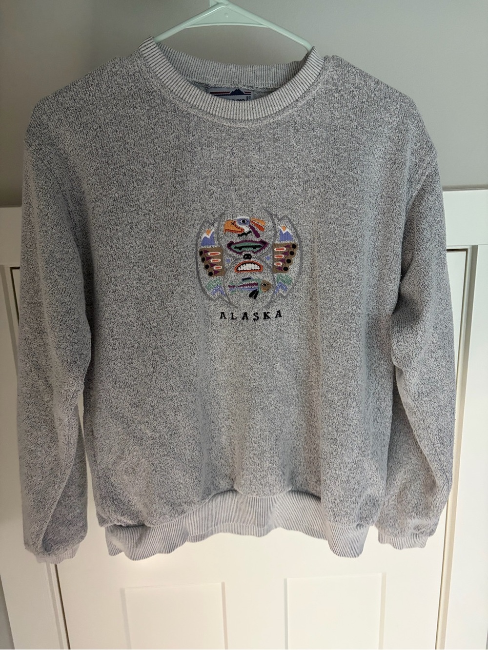 Cozy Grey Crewneck Sweater with Alaska Embroidery